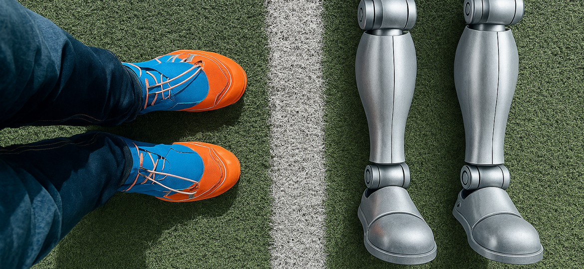 Roboter und Mensch auf dem Spielfeld als Sinnbild für KI in Unternehmen