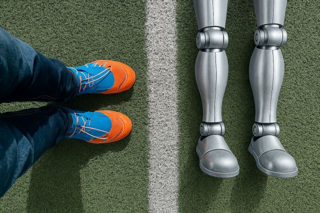 Roboter und Mensch auf dem Spielfeld als Sinnbild für KI in Unternehmen