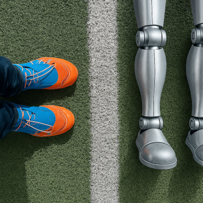 Roboter und Mensch auf dem Spielfeld als Sinnbild für KI in Unternehmen