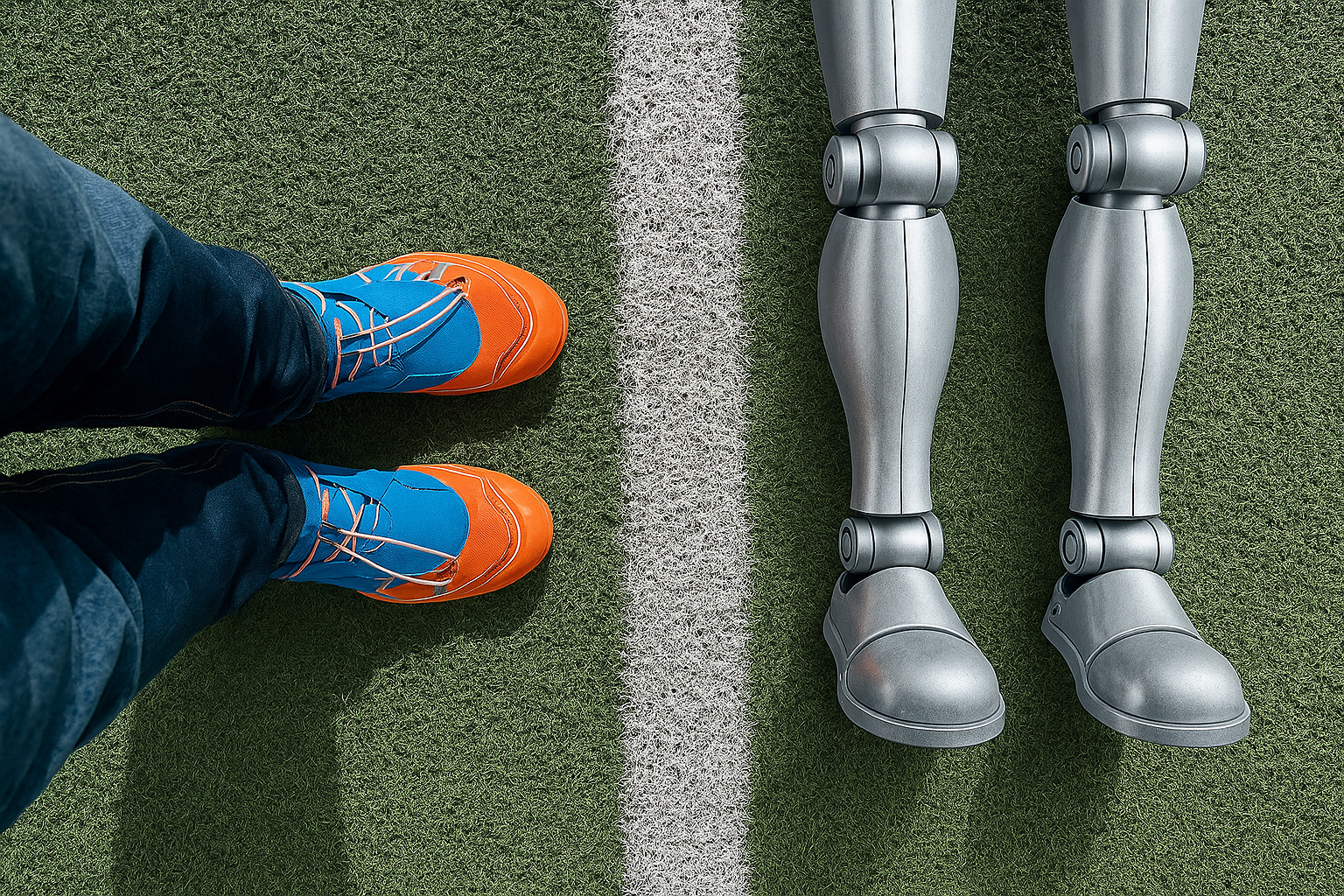 Roboter und Mensch auf dem Spielfeld als Sinnbild für KI in Unternehmen